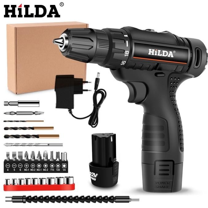 HILDA bor tangan tanpa kabel/bor cas 2 baterai promo/bor listrik/Bor Baterai Mesin Bor Listrik Tanpa