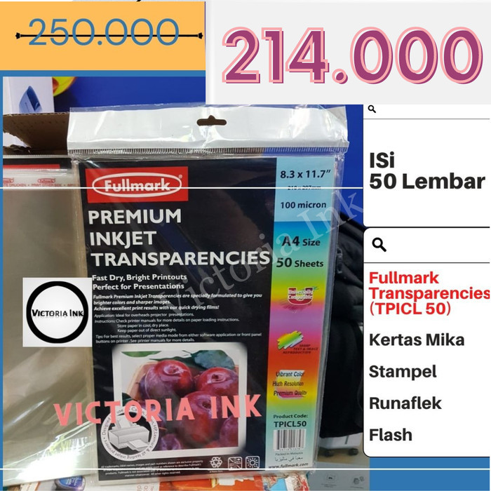 

Ready Kertas Mika Transparan Fullmark Premium Inkjet Transparencies TPICL50