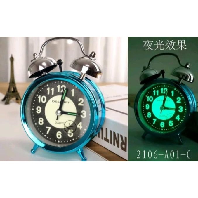 

Jam Beker METALIK GLOW IN THE DARK FREE Baterai / Weker Dering Alarm P19A
