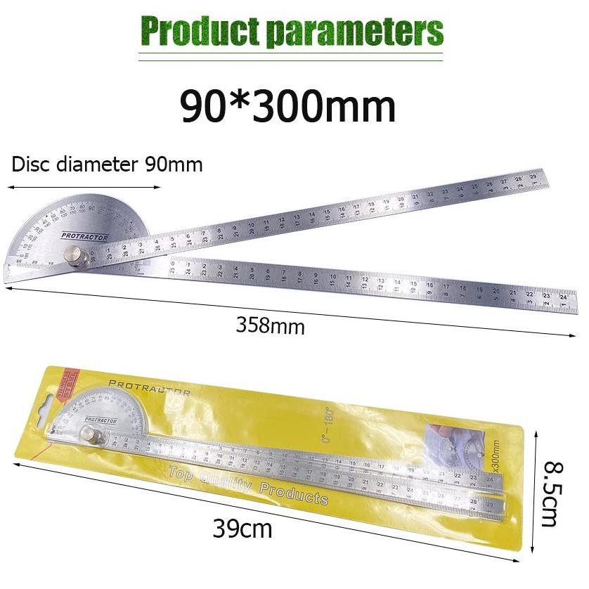 

Perkakas Lainnya 90*300MM Penggaris Busur 180 Stainless Steel Protractor Angle Ruler Woodworking Tools