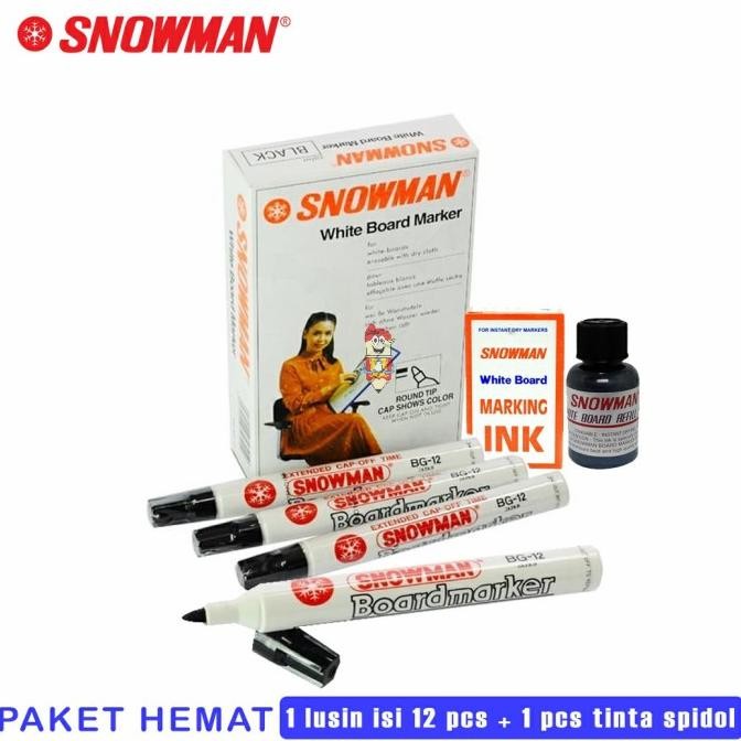 

BEBAS ONGKIR - PAKET Spidol Whiteboard Snowman Black 1 lusin + Refill 1pcs