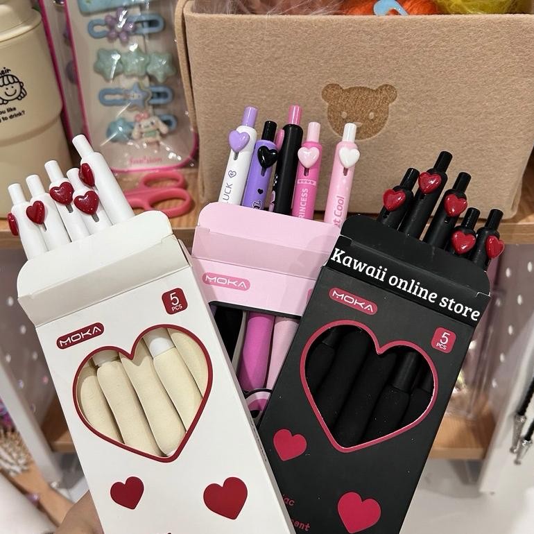 

TU26 5pcs Set Pulpen Gel Lucu Heart Pen Kawaii Aesthetic Tinta Hitam Premium