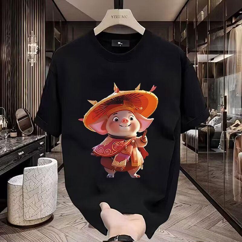 Zodiac printed heavy cotton one-shoulder kasual leher bulat lengan pendek t-shirt untuk pria dan wan