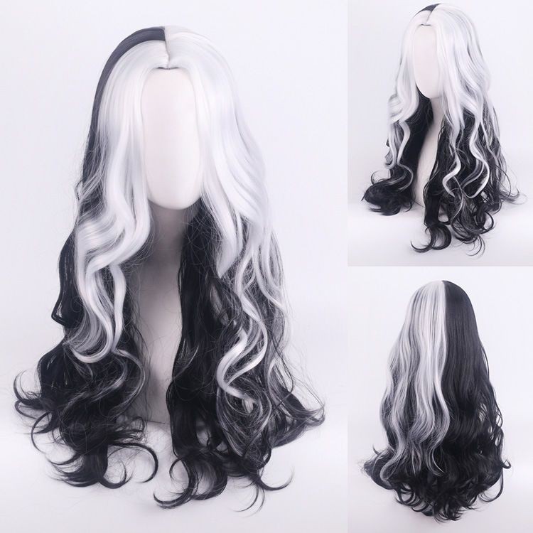 Driftercos  Cruella de Vil Kuila cosplay Wig Warna Hitam dan Putih, Wig Kepala Yin dan wig wanita fu