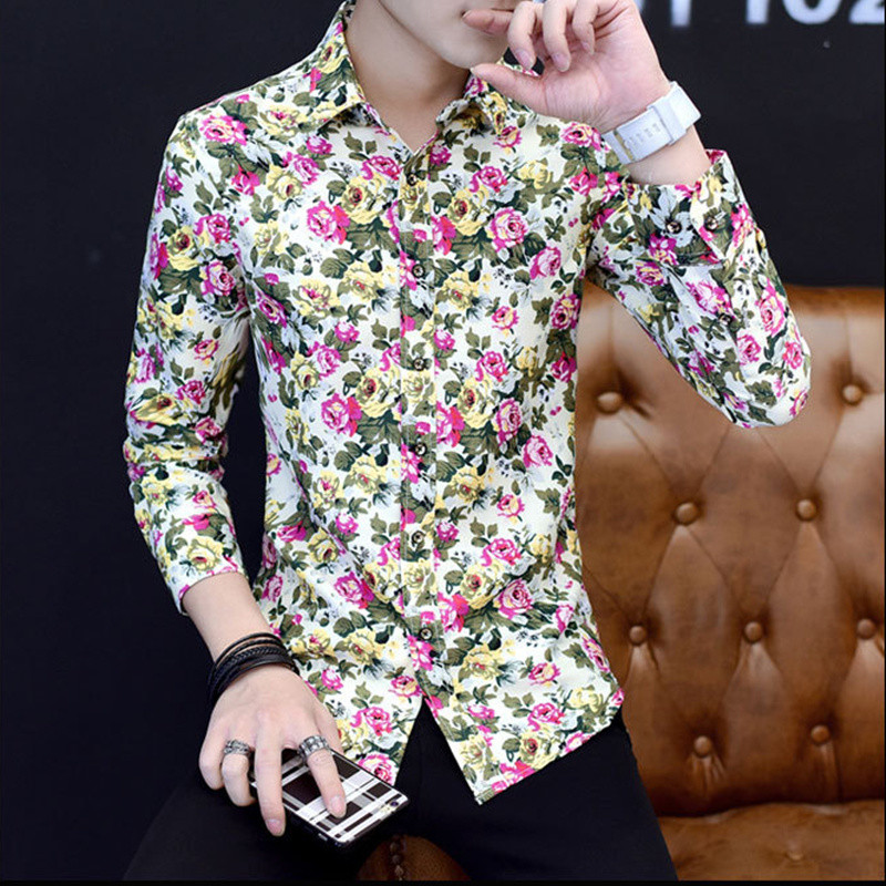 Kemeja Lengan Panjang untuk Pria, Kemeja Pas Badan Gaya Korea Kasual Motif Bunga