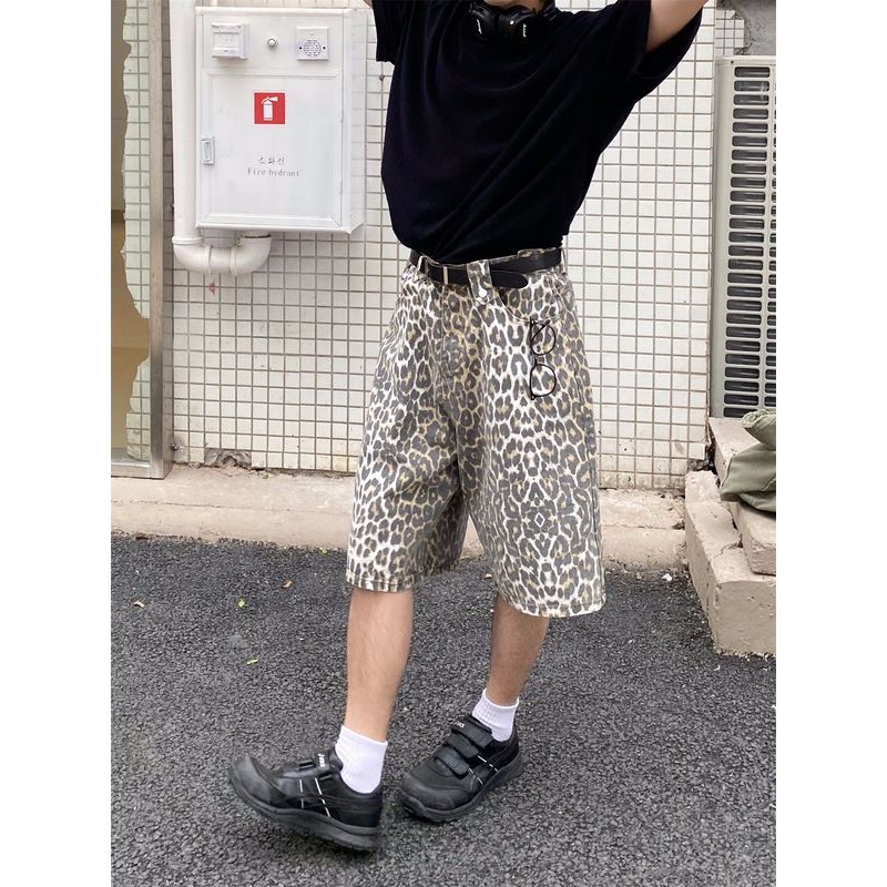 Celana Pendek Denim Motif Macan Tutul Pria Wanita, Celana Selutut Vintage