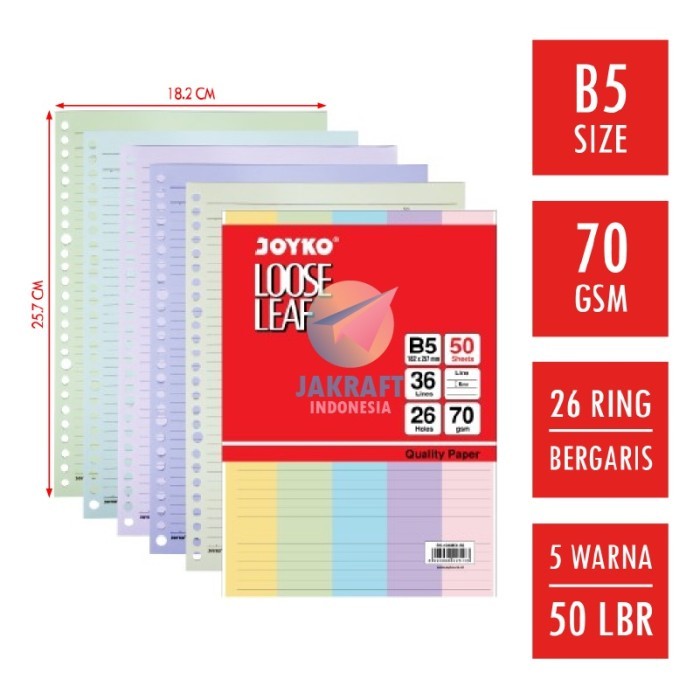 

Amberela - (50 Lembar) Kertas Binder Note Joyko Loose Leaf B5 Warna Pastel Mix Lengkap 70 Gsm 26