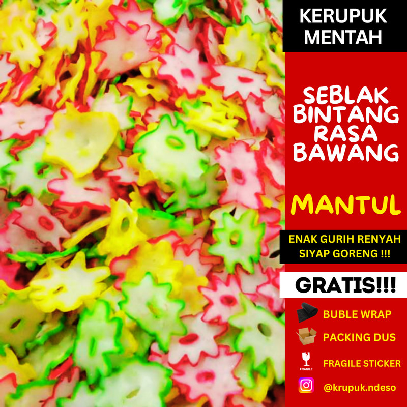 

KERUPUK SEBLAK MENTAH / KRUPUK KERING / KERIPIK KERUPUK BAWANG BINTANG BAWANG 1 KG