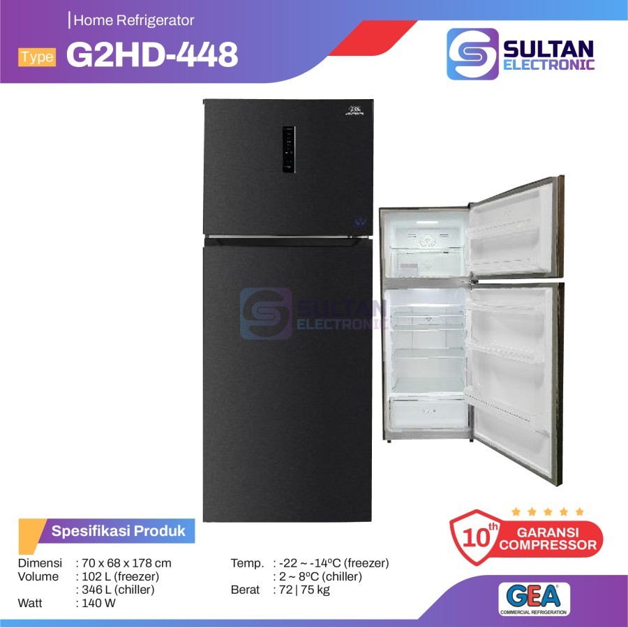 GEA Kulkas Rumah 2 Pintu BLACK INOX G2HD-448 / G2HD 448 / G2HD448