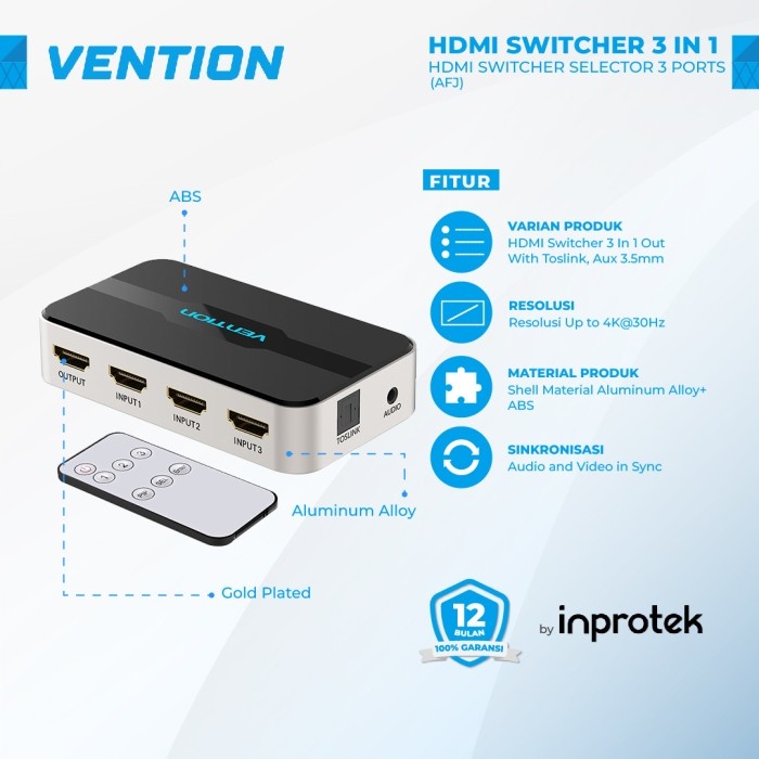 Cuci Gudang Vention Afj Hdmi Switcher 3 Input 1 Output Aux Optical
