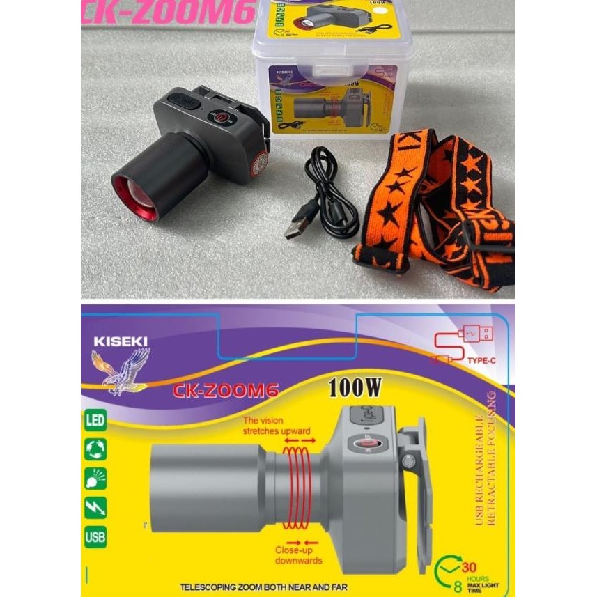 Senter Kepala Zoom Kiseki -Zoom8 Dan -Zoom6 100 Watt Senter Kepala Terang 100Watt Teleskop Led Fokus