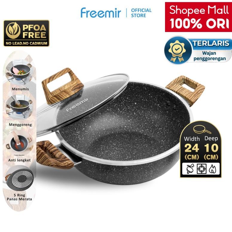Original [Best Deals] 5 In 1 Wajan Panci Freemir 24 Cm Tinggi 10 Cm Wajan Anti Lengket Wajan Serbagu
