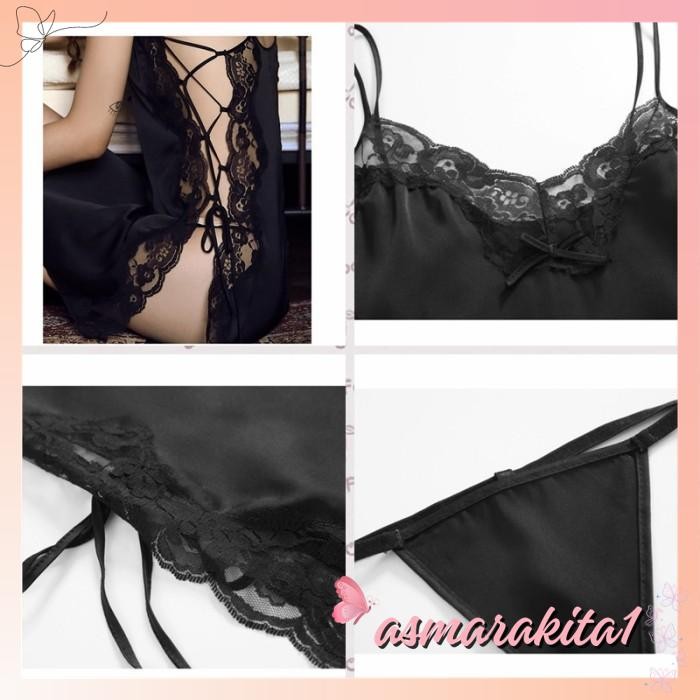 LINGERIE WANITA SEXY SATIN BAJU TIDUR ROK SUSPENDER THONG SET A BY ASMARA KITA FENOMENAL