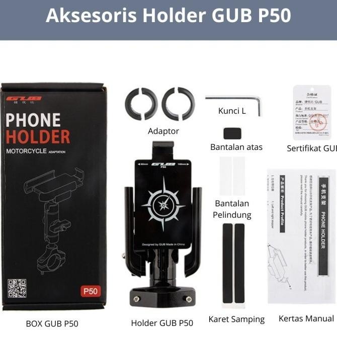 GUB P50 Holder HP Motor Full Besi Stang Spion Dudukan Tempat Handphone BNJ