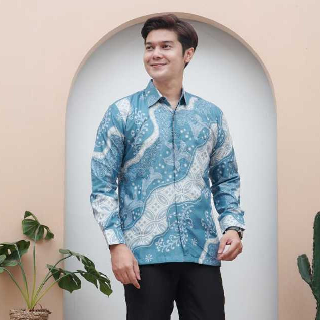 Batik Pria Batik Semarmesem - Kemeja Baju Batik Pria Lengan Panjang Size M L XL XXL Biru Langit