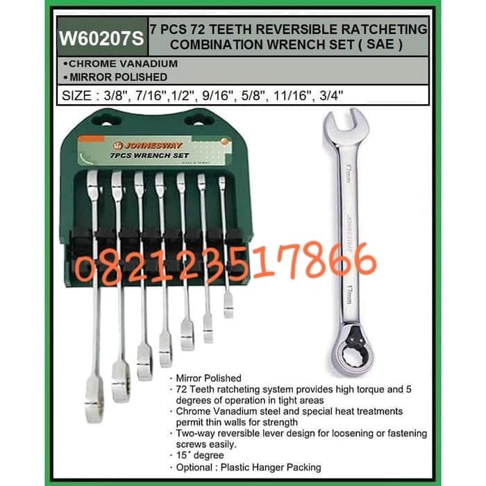 JONNESWAY 7 PCS REVERSIBLE RATCHET COMBINATION WRENCH SET INCH-W60207S
