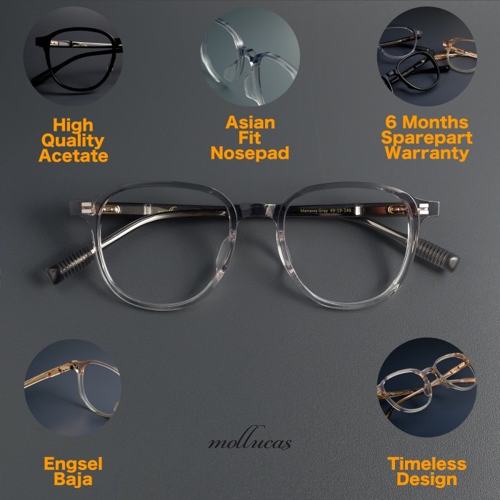 Jual Kacamata Pria/Wanita Mollucas Manawa Vlcno +Lensa Anti Radiasi Essilor