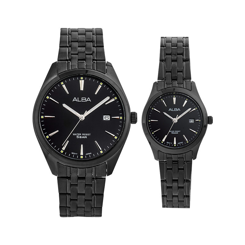 Jam Tangan Couple Alba AH7BP3X1_AS9R09X1 Couple Black Dial Black Stainless Steel Strap