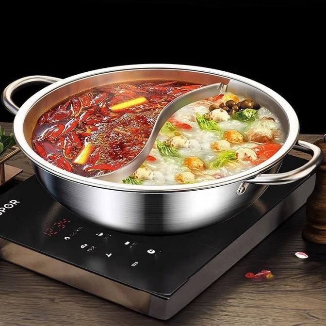Panci Shabu 2 sekat Panci Steamboat Bisa Kompor Induksi Stainless Plus Tutup Kaca Dua Sekat 30 cm Pa