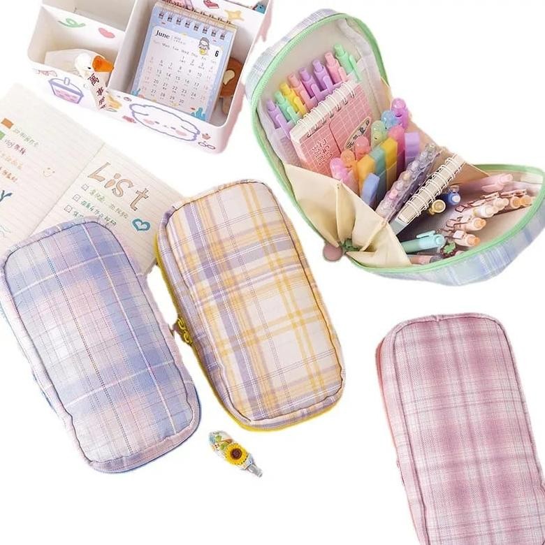 

m-4 [MILOLI] Kotak Pensil Grid kanvas Macaron Kapasitas Besar Portabel Multifungsi Style Stationery - F0182 Terlaris