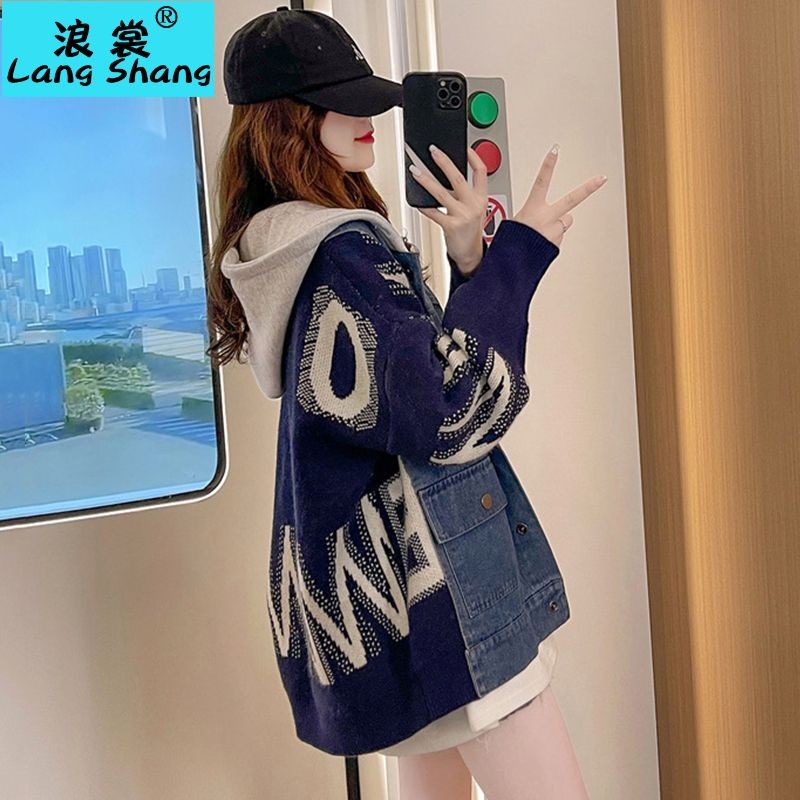Kardigan Rajut Wanita, Sweater Perempuan Perca Denim Berkerudung Ukuran Plus, Tebal Longgar