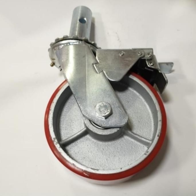 Roda PU merah besi cor steger / scaffolding 6 inchi Rem taiwan