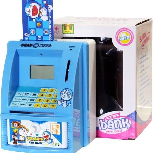 CELENGAN ATM MINI DORAEMON MESIN HITUNG SALDO UANG KERTAS DAN KOIN .
