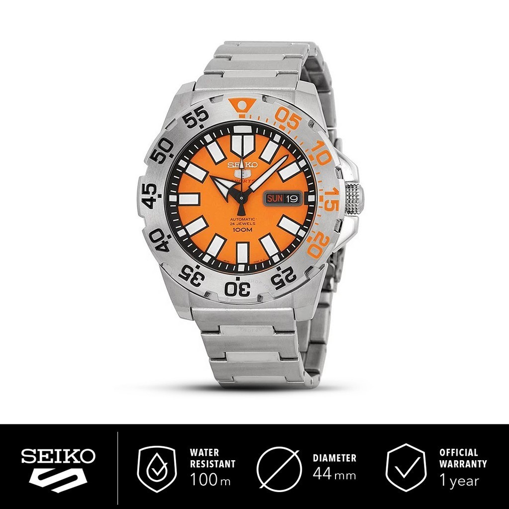Jam Tangan Pria Seiko 5 Sports SRP483K1 Automatic Orange Dial Stainless Steel SRP483 Original