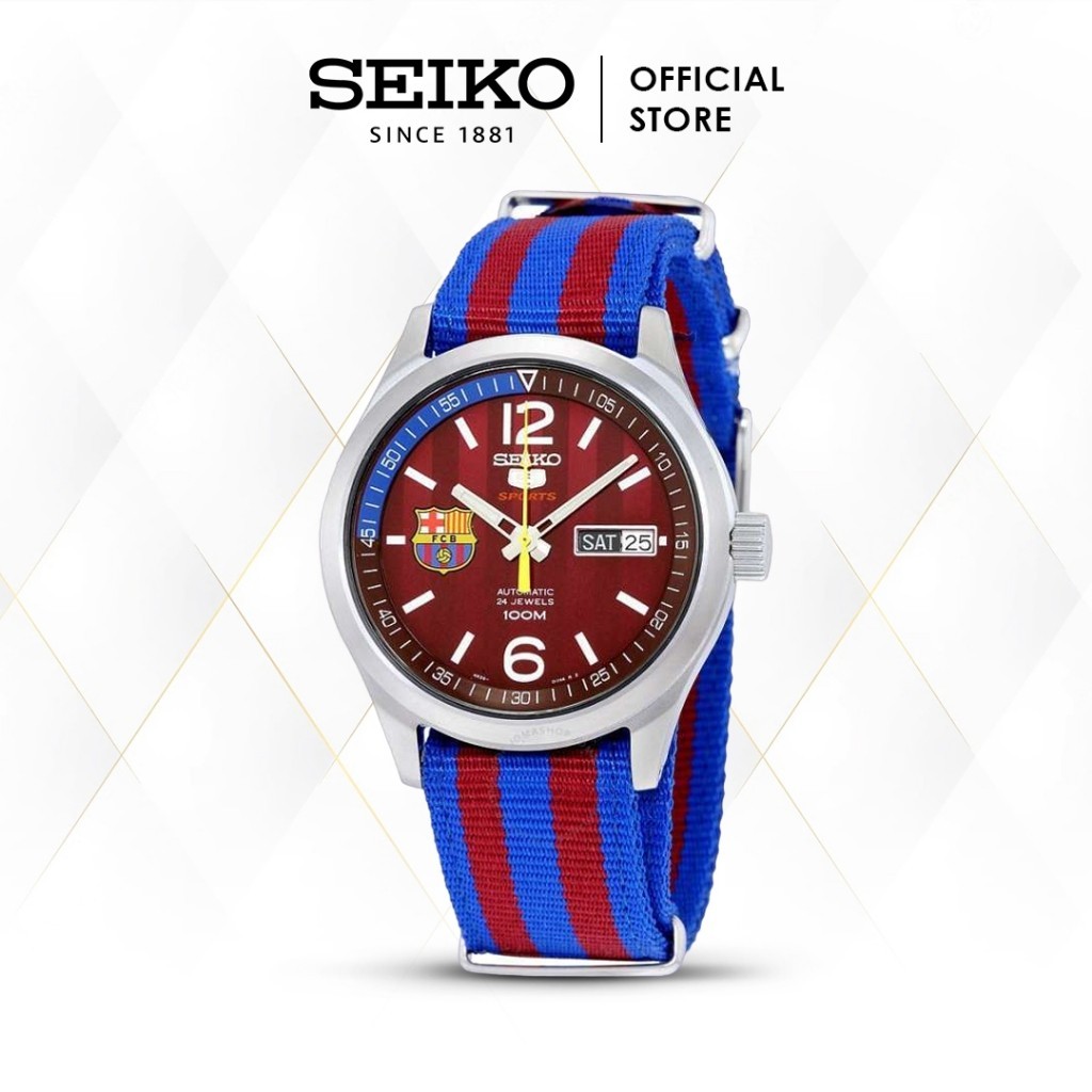 Jam Tangan Pria Seiko 5 Barcelona Sports SRP305K1 Automatic Red Patterned Dial Nylon Strap Original