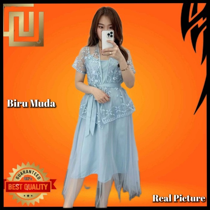 HOT PROMO baju pesta wanita modern chana blouse natal korea dress biru muda