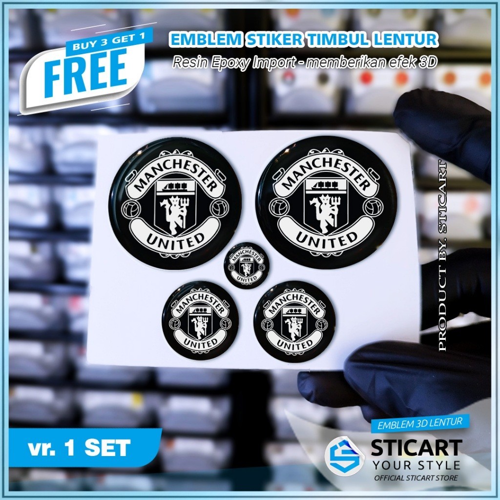 EMBLEM MANCHESTER UNITED HITAM PUTIH TIMBUL STIKER MOTOR SET AEROX NMAX XMAX LEXI 3D EMBLEM TIMBUL L