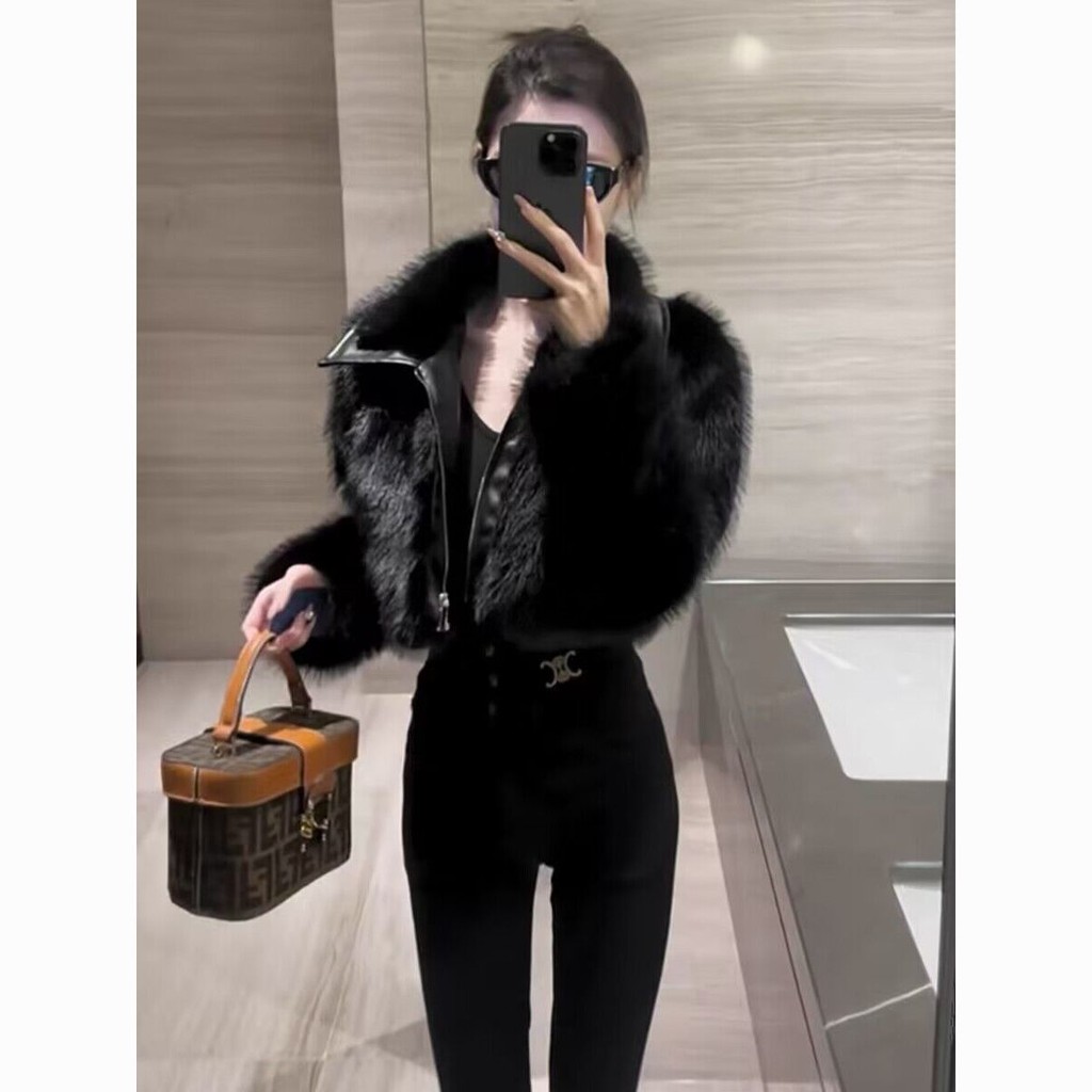Locomotive Style Short Chic Top Leather Patchwork Imitation Fox Fur Environmental Fur Coat