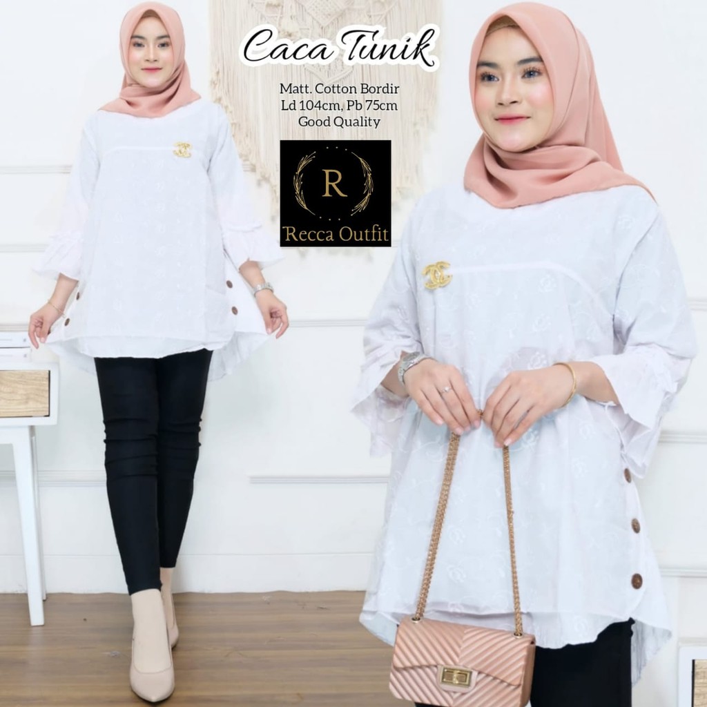 Caca Tunik Gamis Putih Dress Lebaran Wanita Remaja Cantik Kekinian