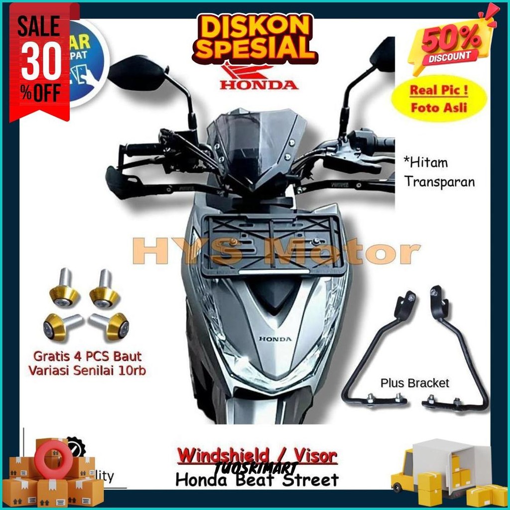 Hys Kaca Depan Variasi Honda Beat Street - Visor Windshield Winsil Motor Plus Bracket Bonus Baut Mur