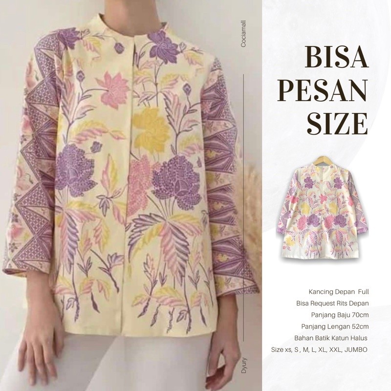Baju Batik Atasan Blouse Batik Kerja Wanita Modern Warna Ungu Lilac Jumbo Rits Depan Lengan Panjang