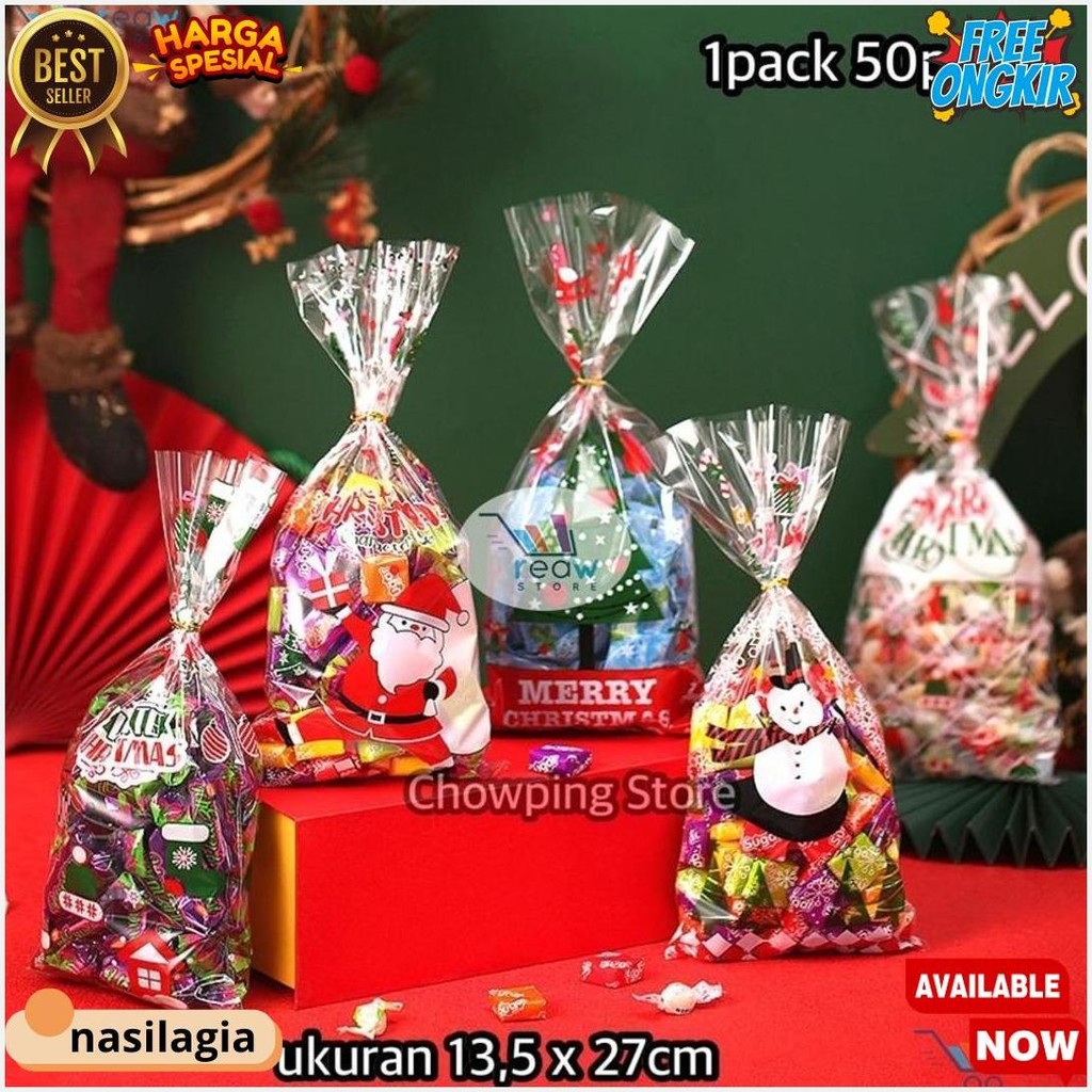 

Isi 50Pcs Plastik Snack Hampers Souvenir Natal Merry Christmas Original Produk