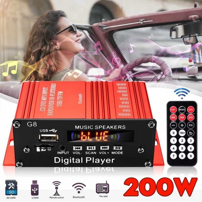 Terlaris Tape Mobil Audio External Fm Mp3 Bluetooth Power Amplifier 12V 200W G8