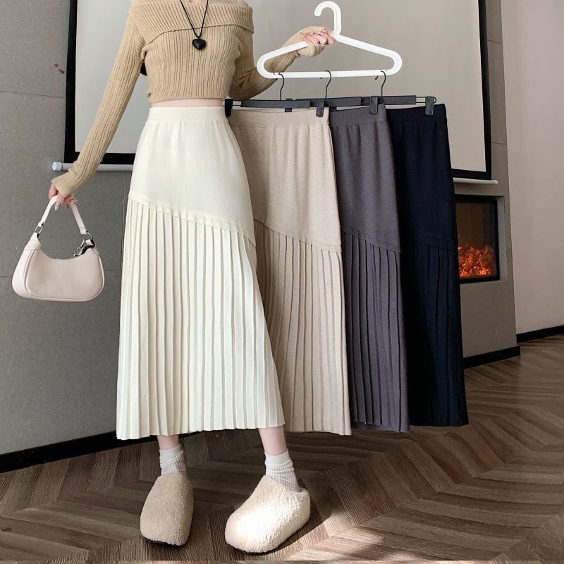 

New High Waist Slimming Pleated Patchwork Knitting Skirt for Women