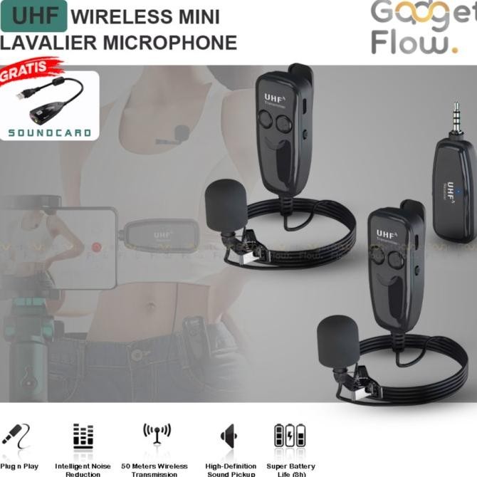 Microphone Mic Clip On Wireless Dual UHF 40 - 45 Meter Smartphone HP