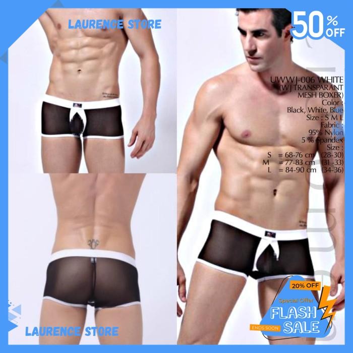 CD BOXER IMPORT UWWJ-006 WHITE TRANSPARAN SEMPAK NYLON SPANDEX    BY LAURENCE STORE DISKON