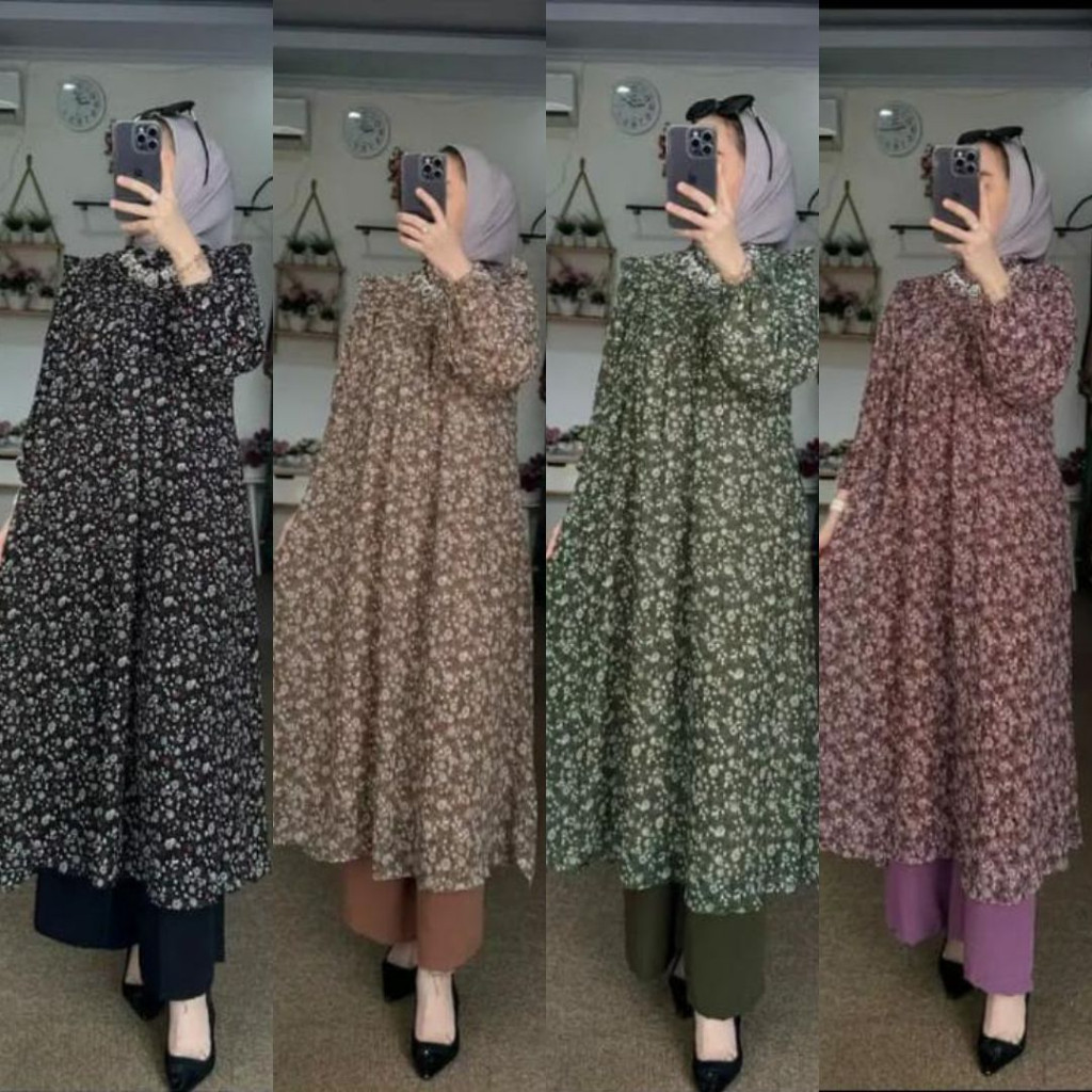 Baju Muslim Amel - Setelan Long Tunik Wanita Nadira Flower Setelan Kulot Cringkle Wanita Oneset MIdi