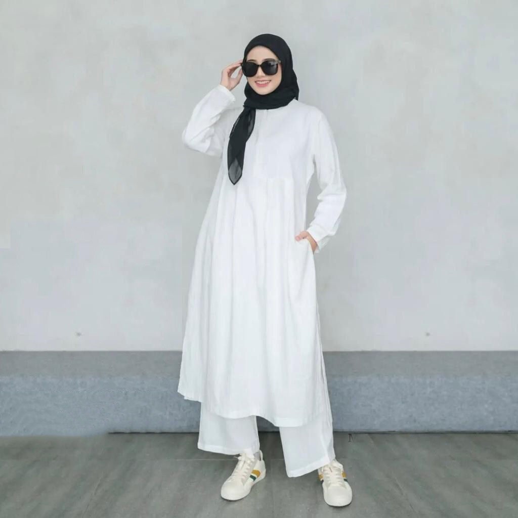 Baju Muslim Zhea Set Setelan Tunik + Celana Kulot Jumbo Wanita Bahan Katun Linen Rami Fashion Muslim