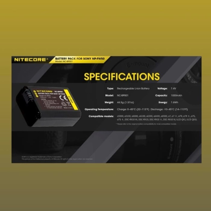 Nitecore NC-BP001 Camera Compatible with Sony NP-FW50 UP