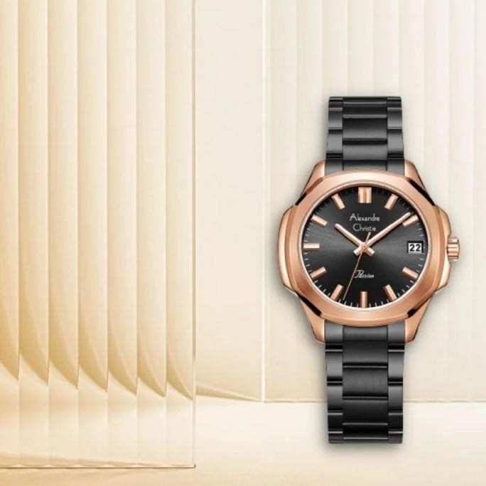 JAM TANGAN WANITA ALEXANDRE CHRISTIE AC2A28 AC 2A28 BLACK  ROSEGOLD