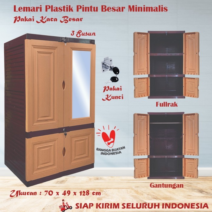 Produk Ready Lemari Plastik JUMBO 3 Susun Pintu Besar (Rak, Gantungan, Kaca)