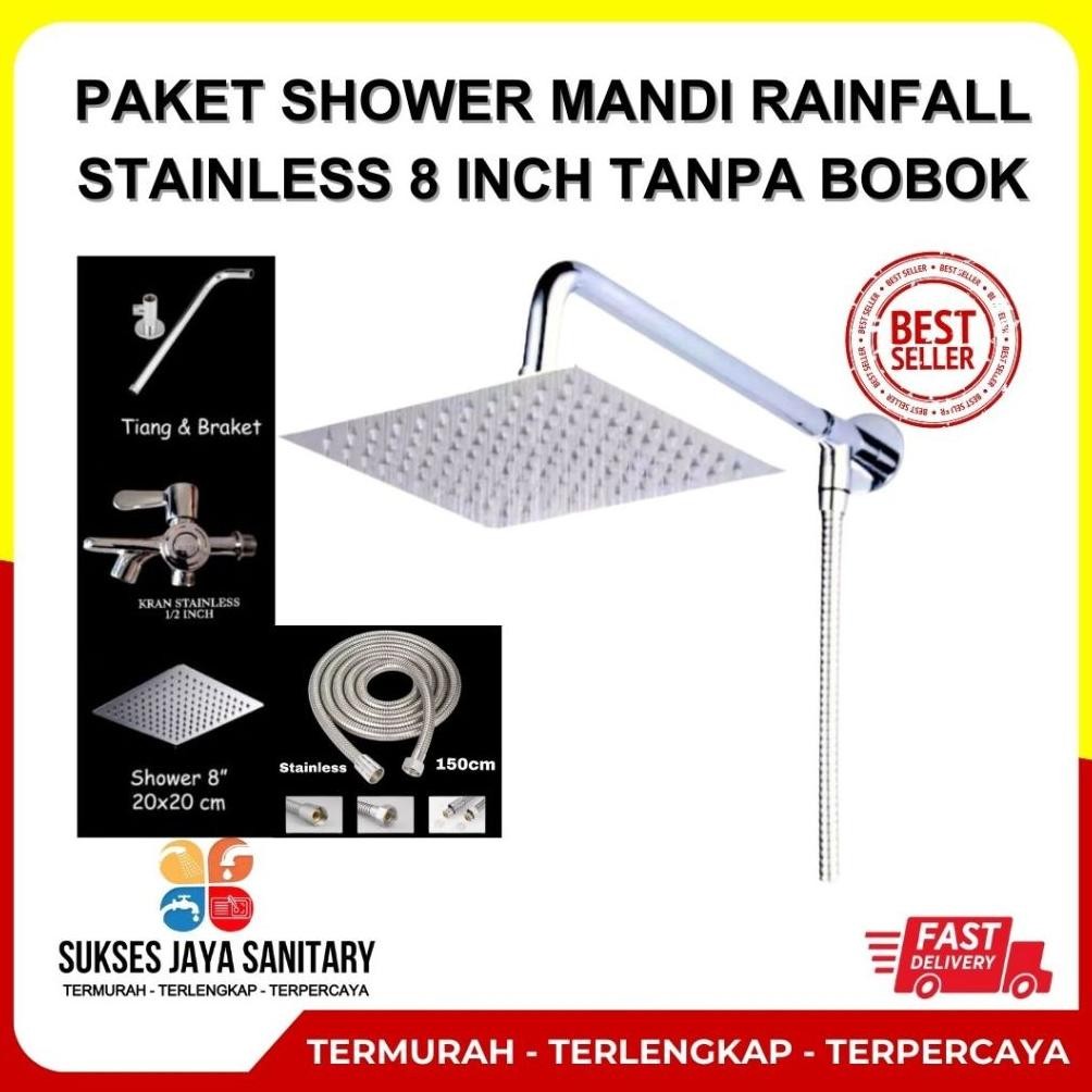 Shower Kamar Mandi Rainfall 8 inch Stainless Satu Set / Shower mandi Tanpa Bobok Gratis Kran Cabang