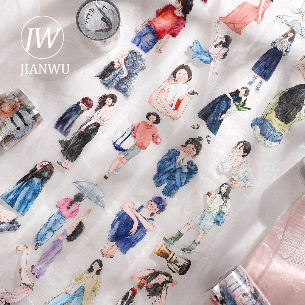 JIANWU 50Mm * 10M Pita Dekorasi Hewan Peliharaan Tinta Putih Karakter Gadis Lucu Sederhana Kreatif D