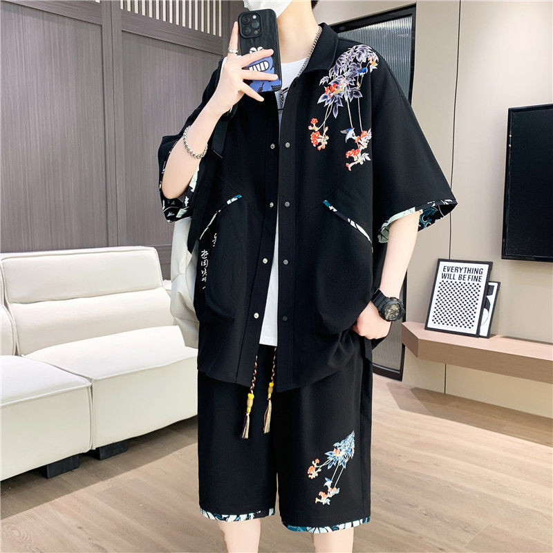 Setelan Pakaian Pria, Baju Gaya Cina Tradisional Trendi Kasual Lengan Pendek dengan Celana Pendek