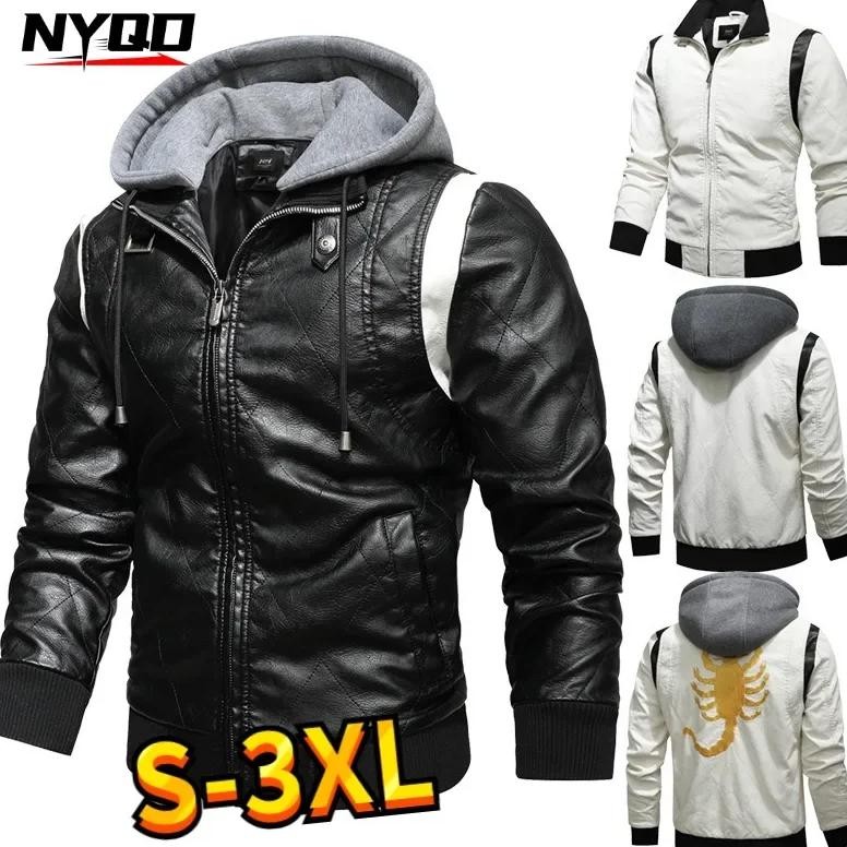 autumn winter bomber leather jacket men scorpion embroidery hooded jacket pu leather motorcycle mens