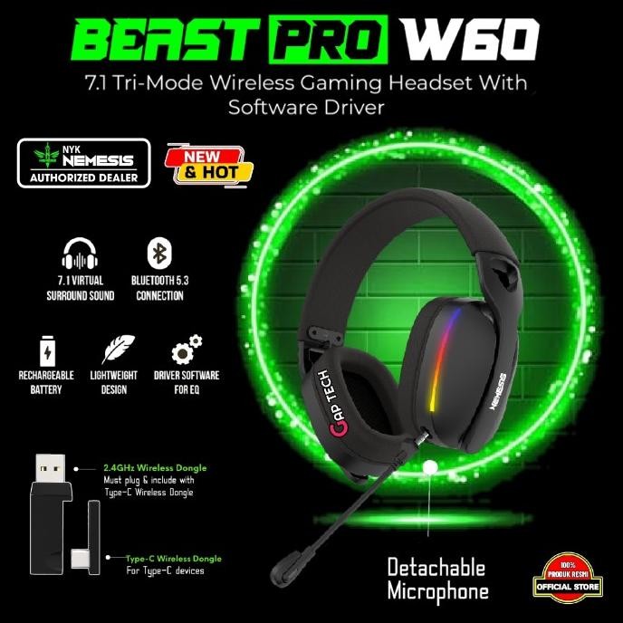 NYK BEAST PRO W60 / W-60 / W 60 7.1 TRI-MODE WIRELESS GAMING HEADSET WITH SOFTWARE DRIVER 1511T
